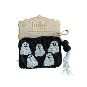 Wandering Moon Beaded Ghost Pouch NWT Handmade Halloween Black White Tassel